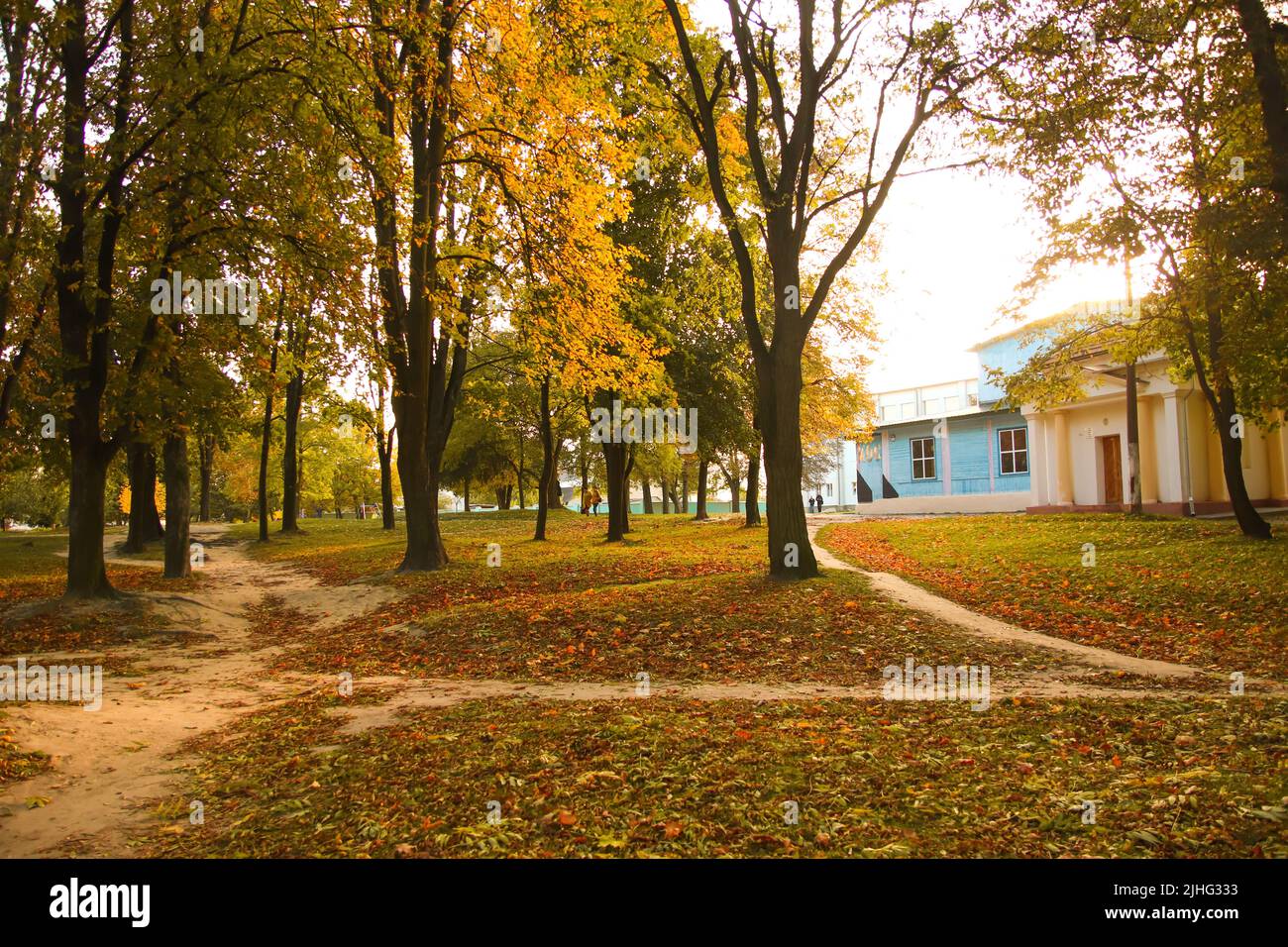 Volodymyr, Ukraine - 13.10.2022: Sonnenuntergang im Herbstpark. Herbstlandschaft. Bäume mit bunten Blättern auf dem Gras im Park. Sonneneinstrahlung früh Stockfoto