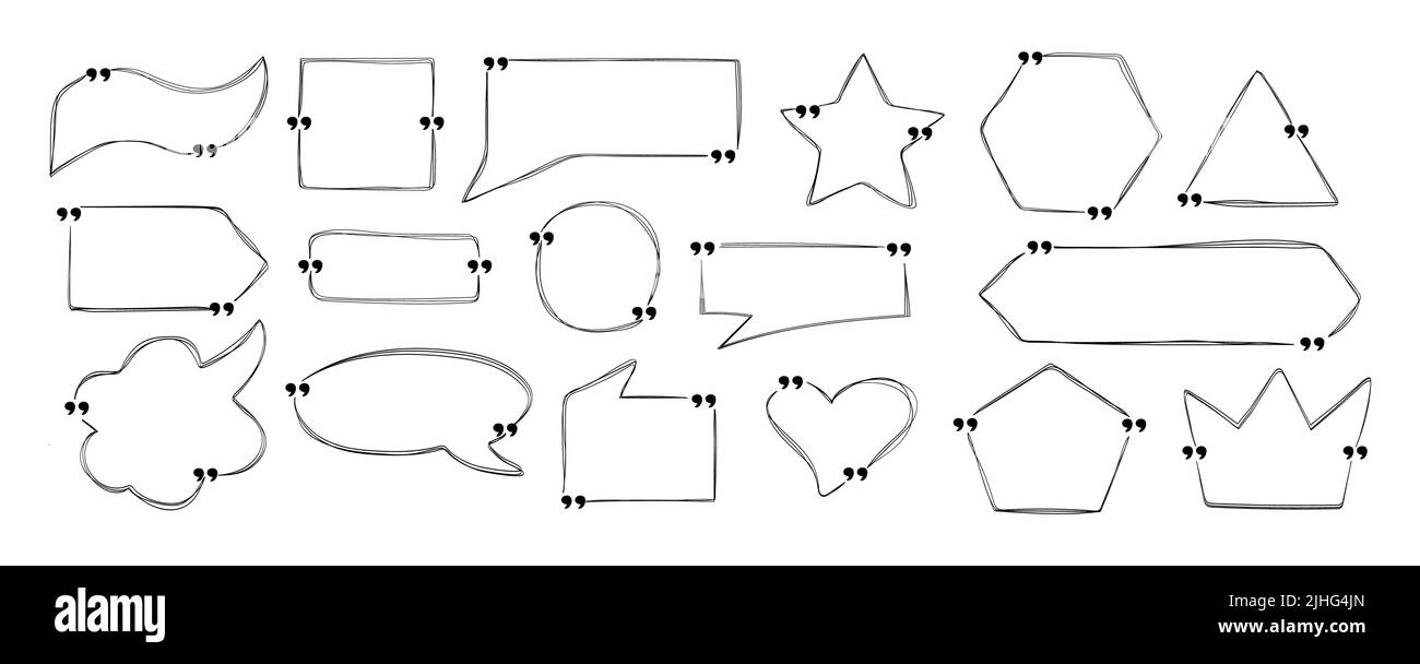 Satz von Anführungszeichen-Box-Vektor im Doodle-Stil. Vorlagen Sprechblasen mit Platz für Text im Skizzenstil. Stock Vektor