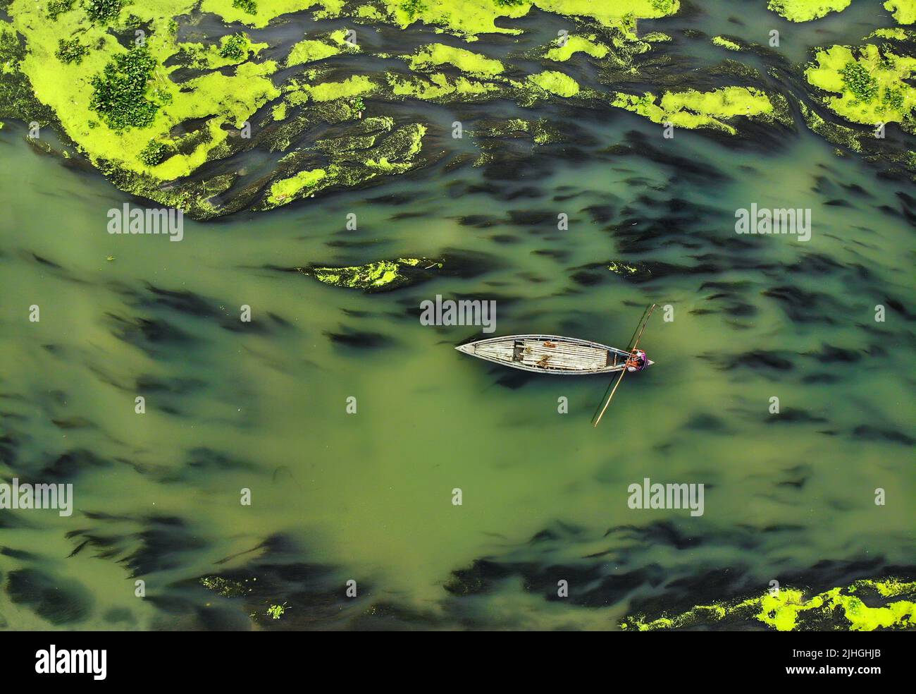 Menschen, die in Algen und Wasserpflanzen fahren, überdachten Fluss in Bogura, Bangladesch Stockfoto