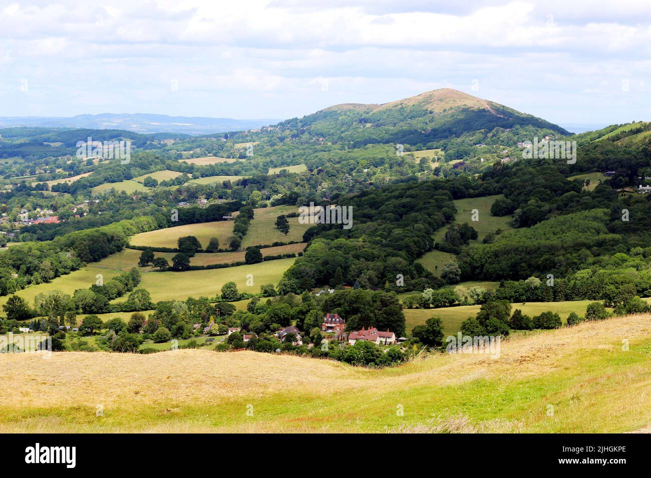 Die hügelige Landschaft der Malvern Hills in der Nähe des British Camp Stockfoto