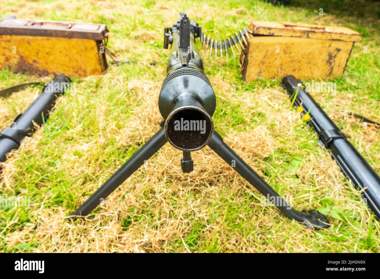 Blick auf das Fass eines deutschen Maschinengewehrs aus dem zweiten Weltkrieg, M42. Pistole auf Gras mit Schussfutter. Enger Fokus. Stockfoto