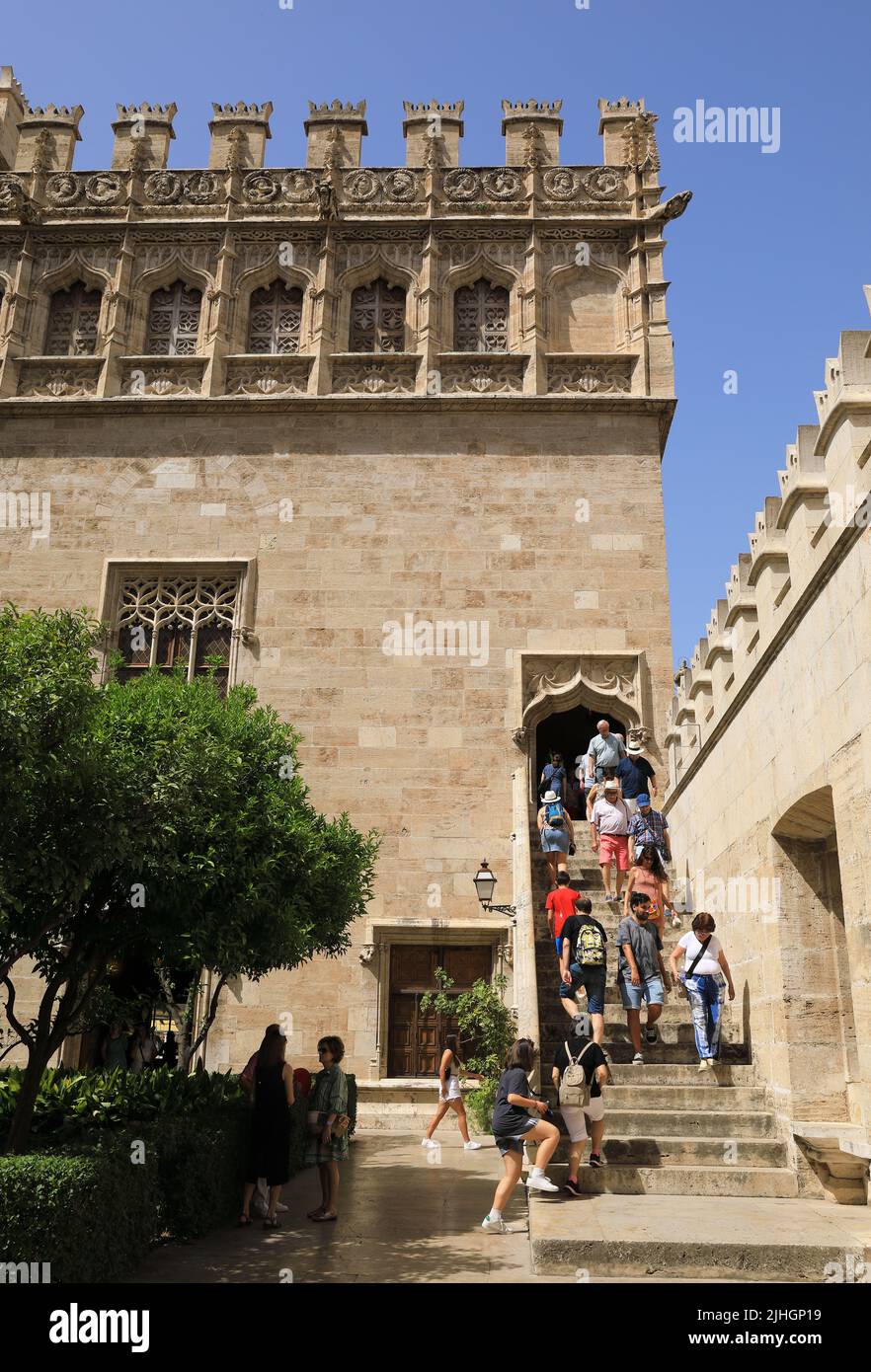 Die Seidenbörse oder La Lonja de La Seda, ein Bürgerhaus im spätvalencianischen gotischen Stil und UNESCO-Weltkulturerbe, in Spanien, Europa Stockfoto