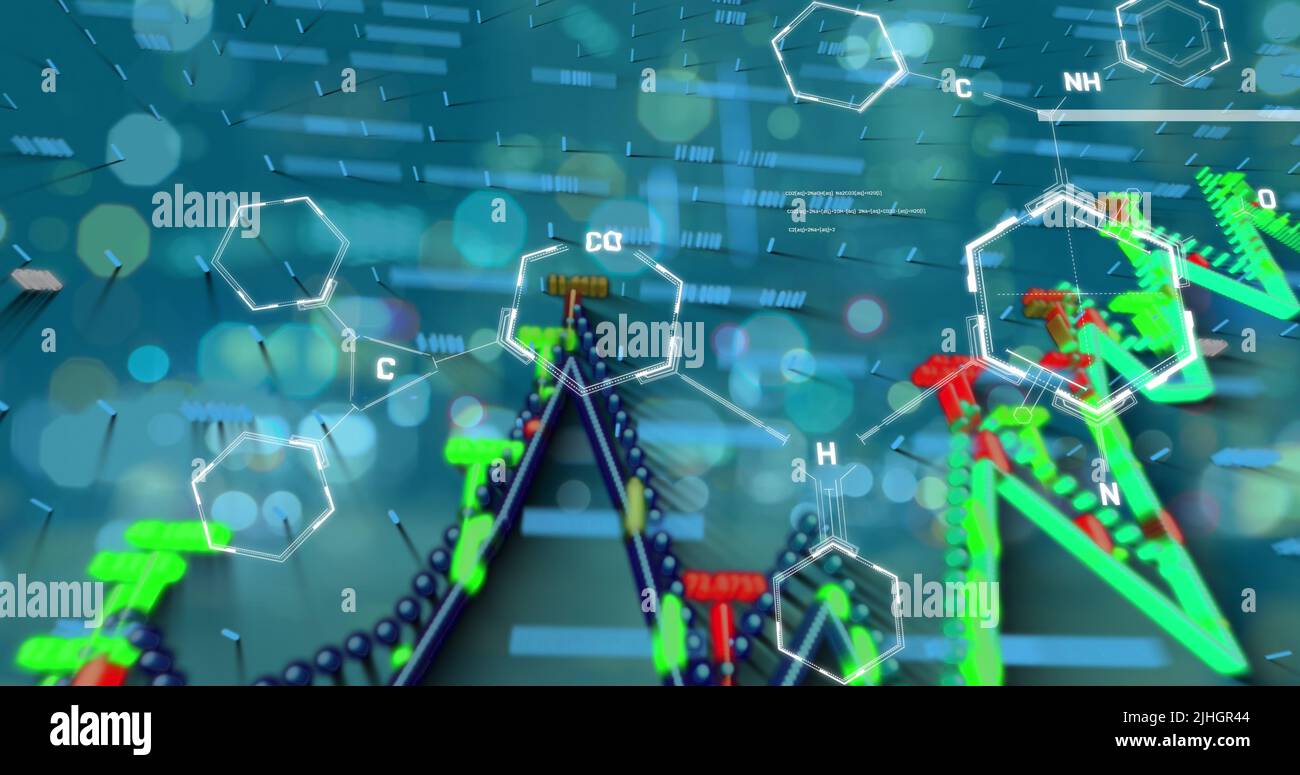 Bild der chemischen Formel und Datenverarbeitung über dem Stadtbild Stockfoto