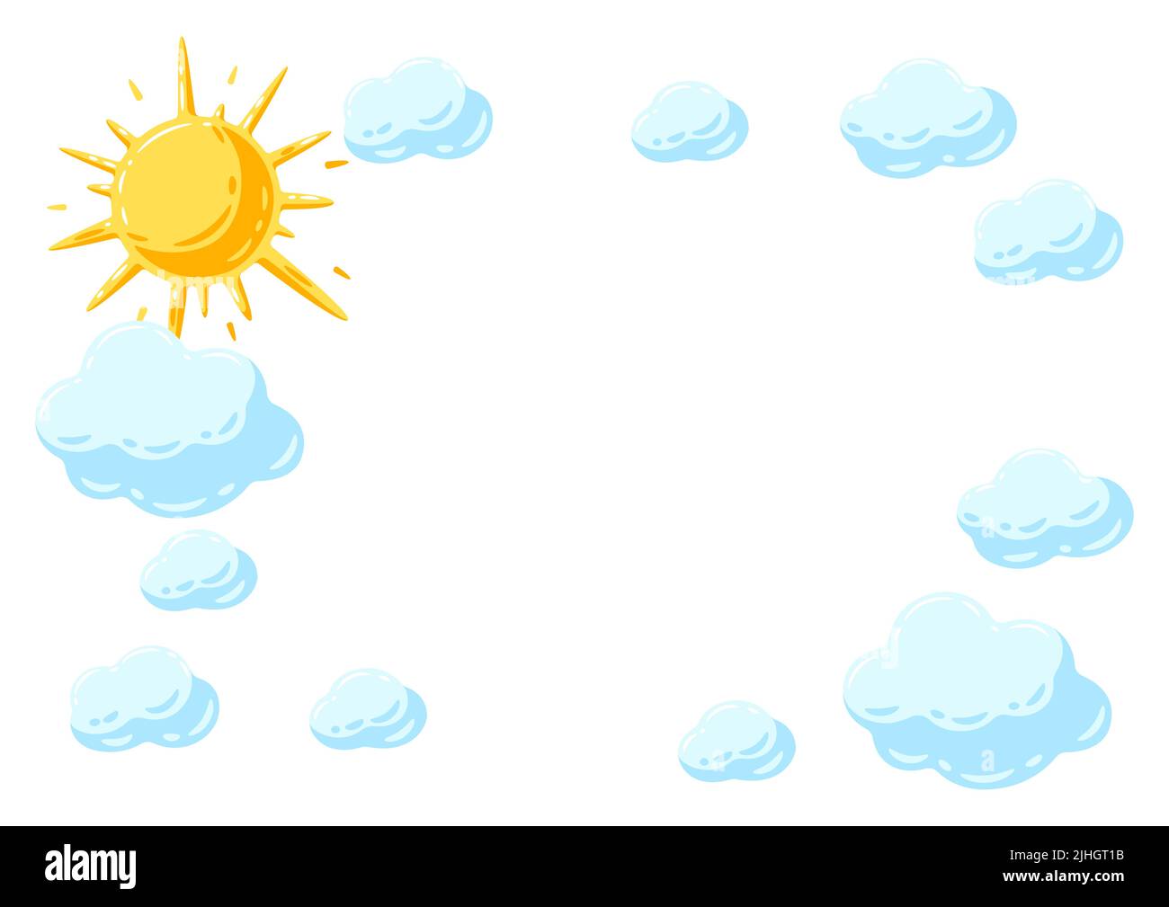 Rahmen mit Sonne und Wolken. Cartoon niedliches Bild des bewölkten Himmels. Stock Vektor