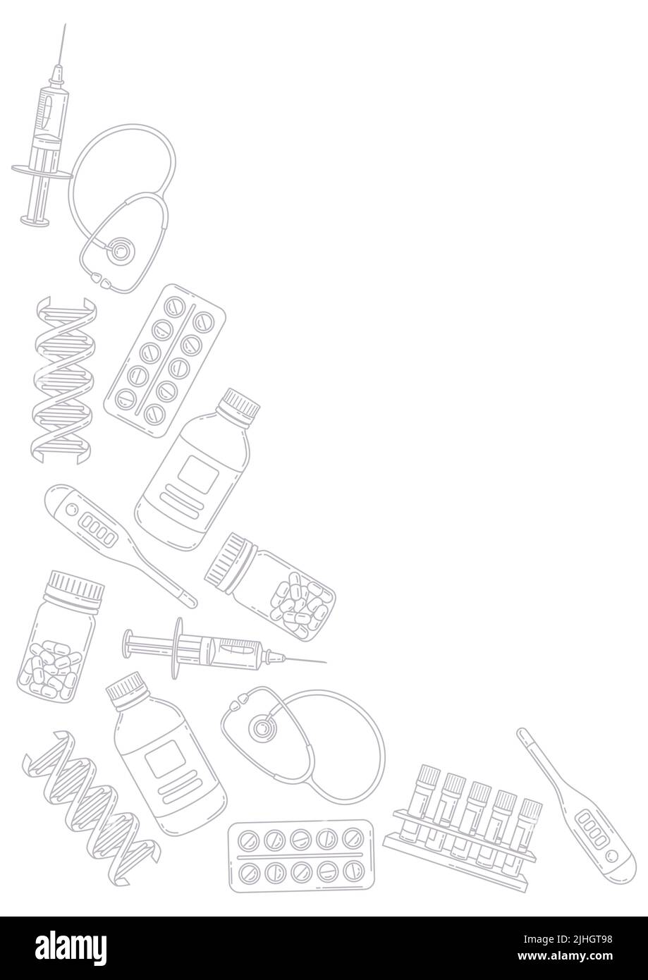 Hintergrund mit medizinischen und medizinischen Gegenständen. Geräte und Symbole für Apotheken und Krankenhäuser. Stock Vektor