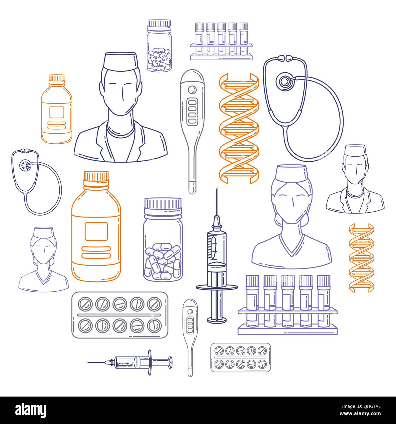 Hintergrund mit medizinischen und medizinischen Gegenständen. Geräte und Symbole für Apotheken und Krankenhäuser. Stock Vektor