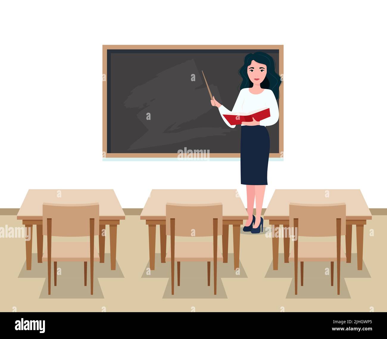 Lehrerin im Klassenzimmer. Lächelnde Lehrerin, die im Klassenzimmer an einer Tafel oder Tafel steht. Schule und Lernkonzept, Tag des Lehrers. Stock Vektor