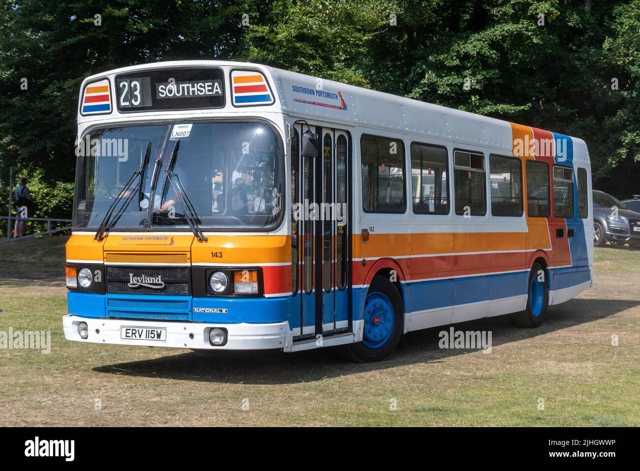 Southdown Portsmouth-Eindeckerbus, Teil des Busunternehmens Stagecoach, einem Leyland National-Fahrzeug bei einer Transportveranstaltung, Hampshire, England, Großbritannien Stockfoto