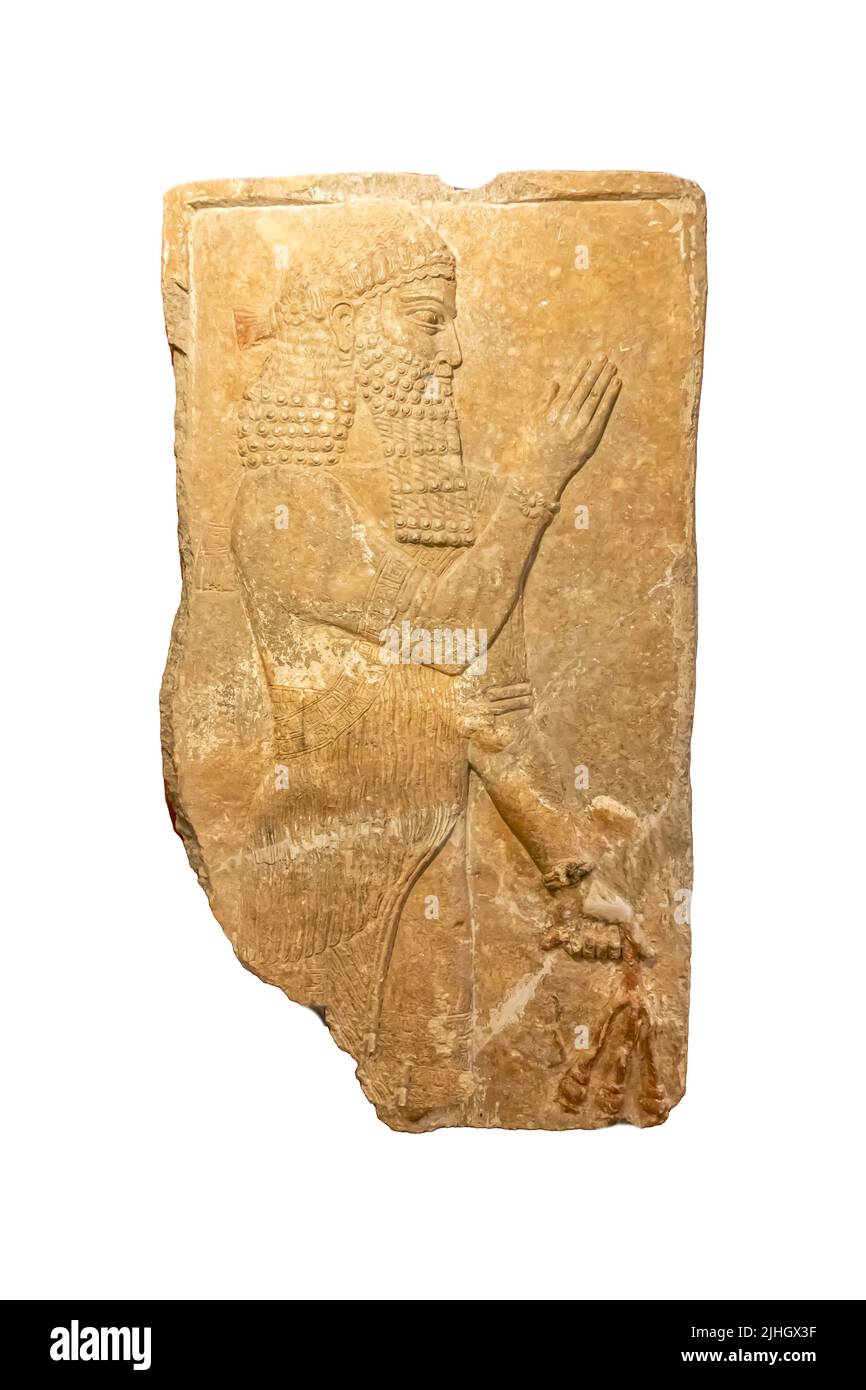 Priester hält einen Sprossen - Relief aus dem Palast von Sargon II in Dur-Sharrukin ( Khorsabad ) - Kalkstein - 8. Jahrhundert v. Chr. Hermitage Museum Stockfoto