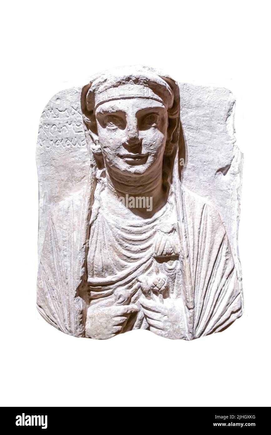 Palmyrene Beerdigung Relief von Akmat, Tochter von Yarkhai : Palmyra - Mitte des 2.. Jahrhunderts - Kalkstein Stockfoto