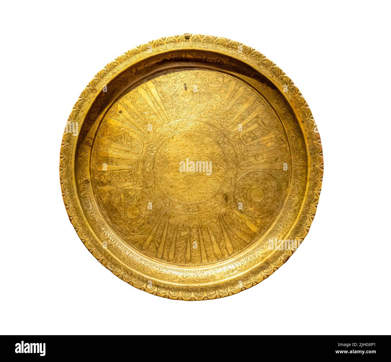 Tablett - Kupferlegierung - geschmiedet, graviert, eingelegt, mit Silber und Gold. Ägypten oder Syrien. 14. Jahrhundert Stockfoto