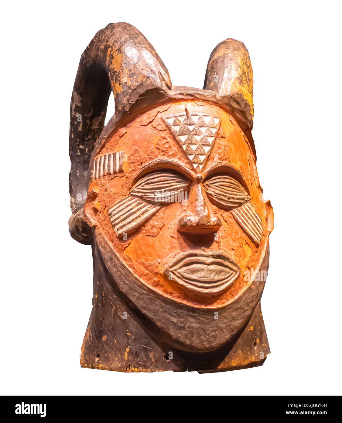 Kopfstück - Detail einer afrikanischen Maske - Kuba ( Kete ), Anfang des 20.. Jahrhunderts - Holz, Pigmente, Kupfer erlauben, Pflanzenfaser Stockfoto
