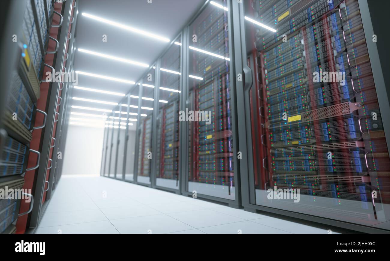 3D Abbildung. Rechenzentrumscomputer im Serverraum in einer klimatisierten Umgebung. Stockfoto