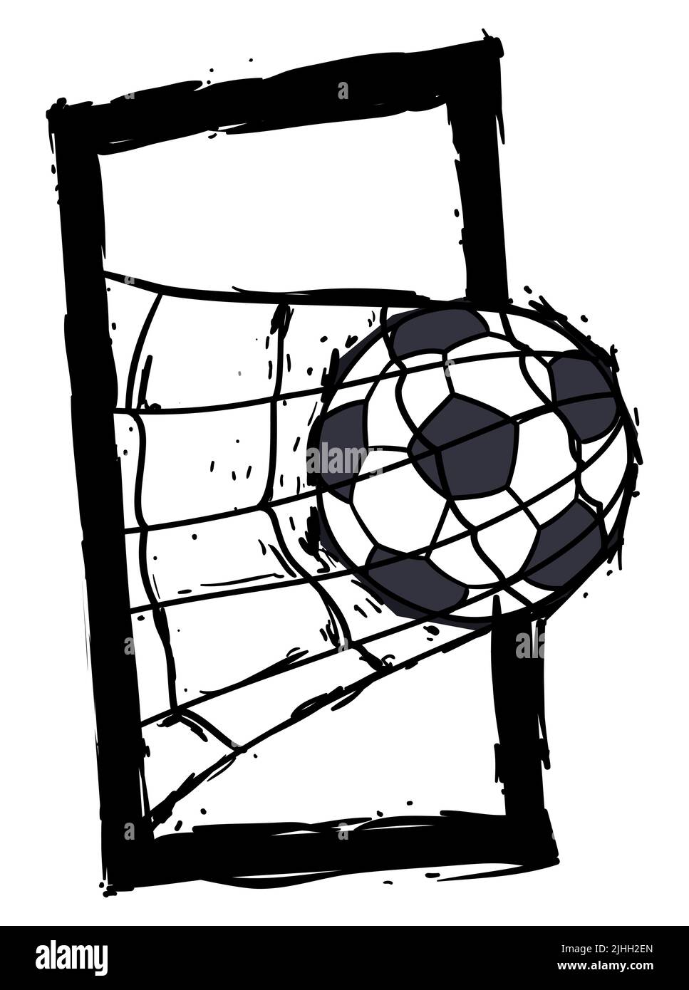 Design im Pinselstreich-Stil mit auffälligem Rahmen und Fußball, der in ein Tornetz eindringt. Stock Vektor