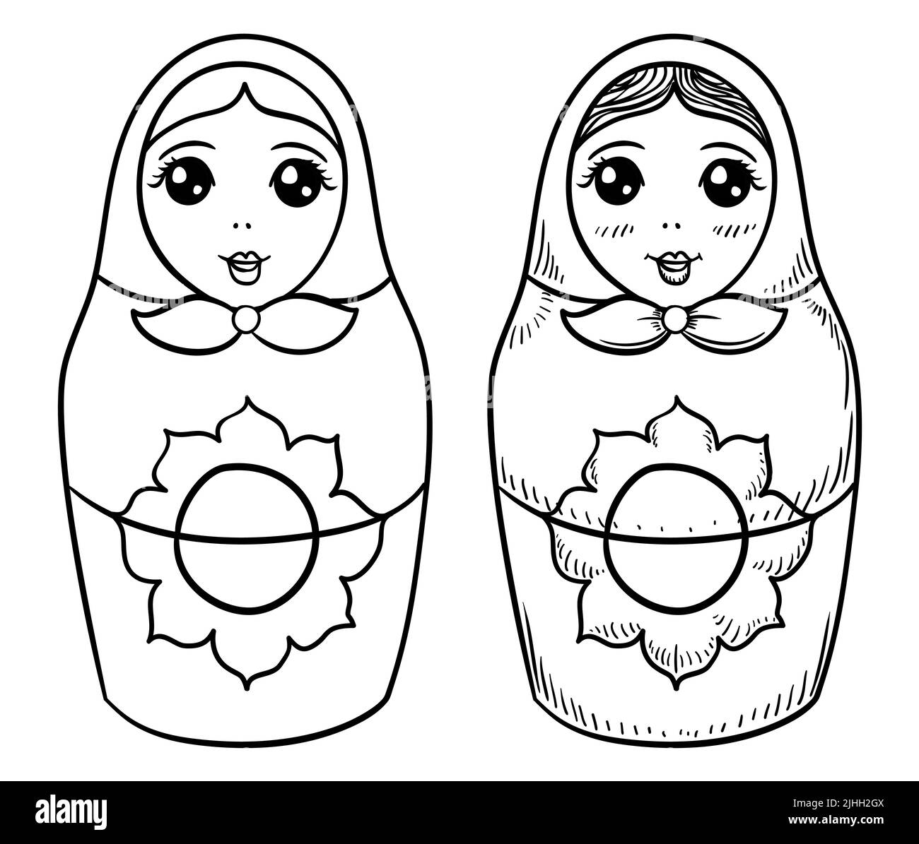 Niedliches Paar weibliche Matroschka-Puppen, mit Kapuze und Blumen mit unterschiedlichem Design: Eine in Umriss und die andere in Hand zeichnen Stil. Stock Vektor