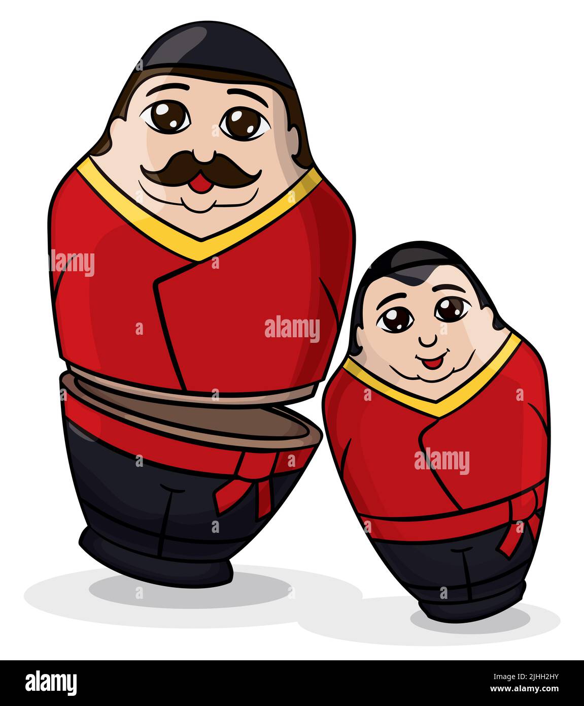 Ein Paar Matroschka-Puppen, eine groß und mit Schnurrbart, die andere wie ein Junge mit traditioneller russischer Tänzerin. Stock Vektor