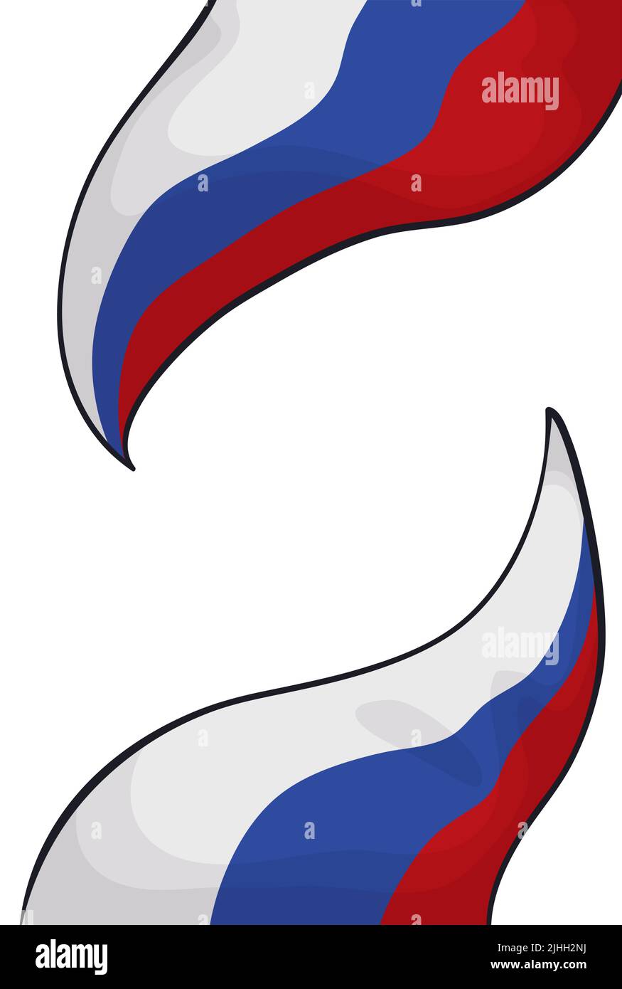 Paar winkende Tricolor-Wimpel mit den charakteristischen Russland-Flaggen-Farben: Weiß, blau und rot. Design im Cartoon-Stil auf weißem Hintergrund. Stock Vektor