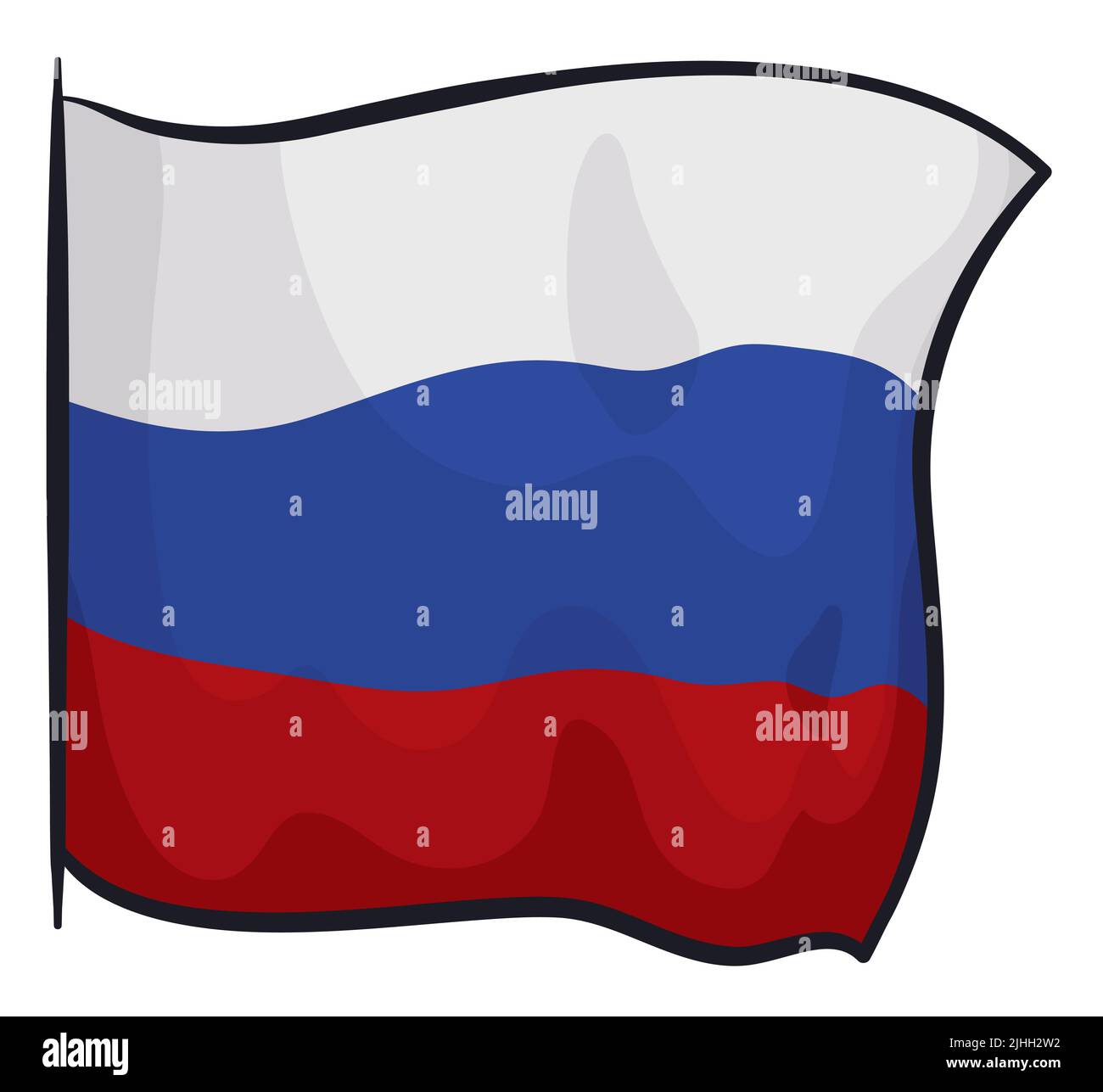Blick auf die russische Flagge, die aus der linken Linie kommt. Design im Cartoon-Stil isoliert auf weißem Hintergrund. Stock Vektor