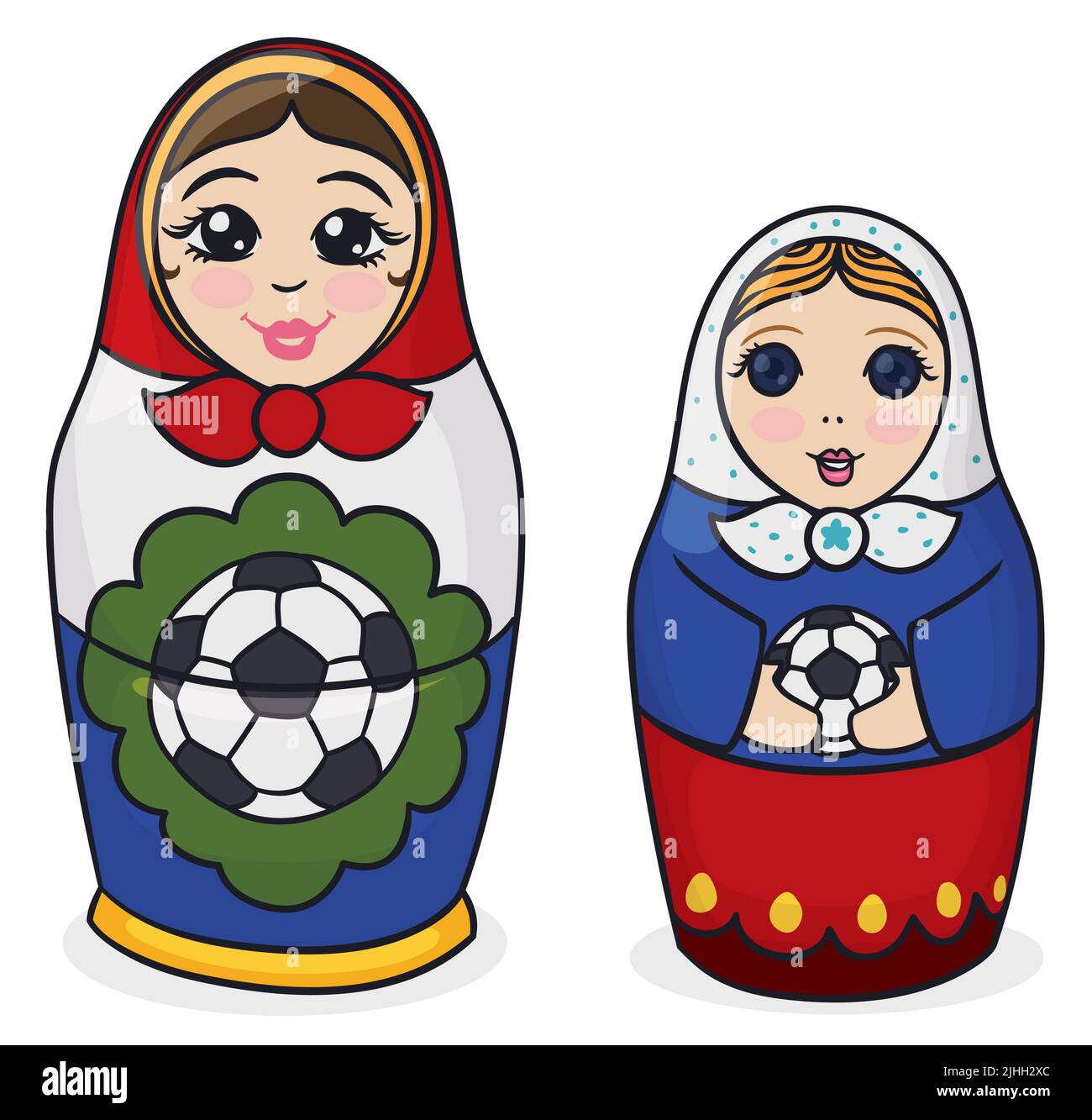Niedliche Matroschka Puppen mit Kapuze, eine mit Fußball in der Mitte, die andere kleiner und blond mit Ball in den Händen. Stock Vektor