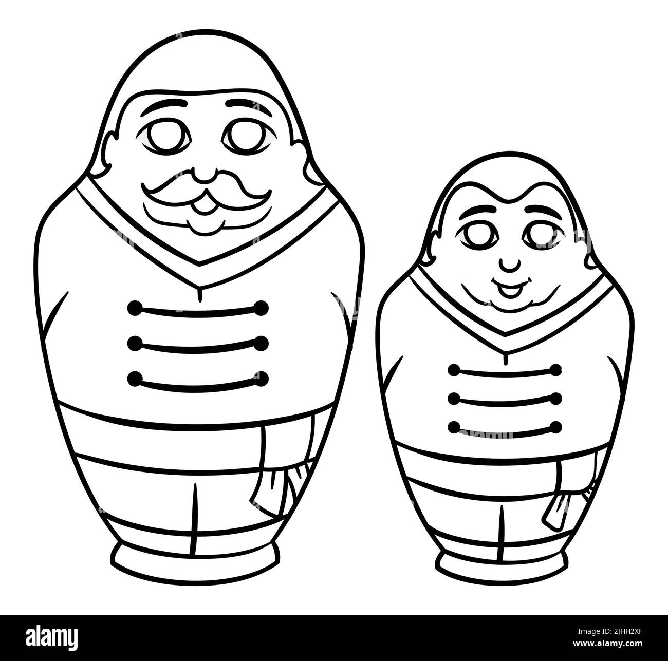 Ein Paar männliche Matroschka-Puppen, eine ähnelt einem Jungen und die andere einem heranwachsenden Mann mit Schnurrbart in traditioneller russischer Kleidung. Stock Vektor