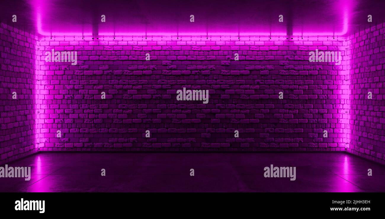 Backsteinmauer, Hintergrund, Neonlicht. Neon-Zimmer. 3D Rendern Stockfoto