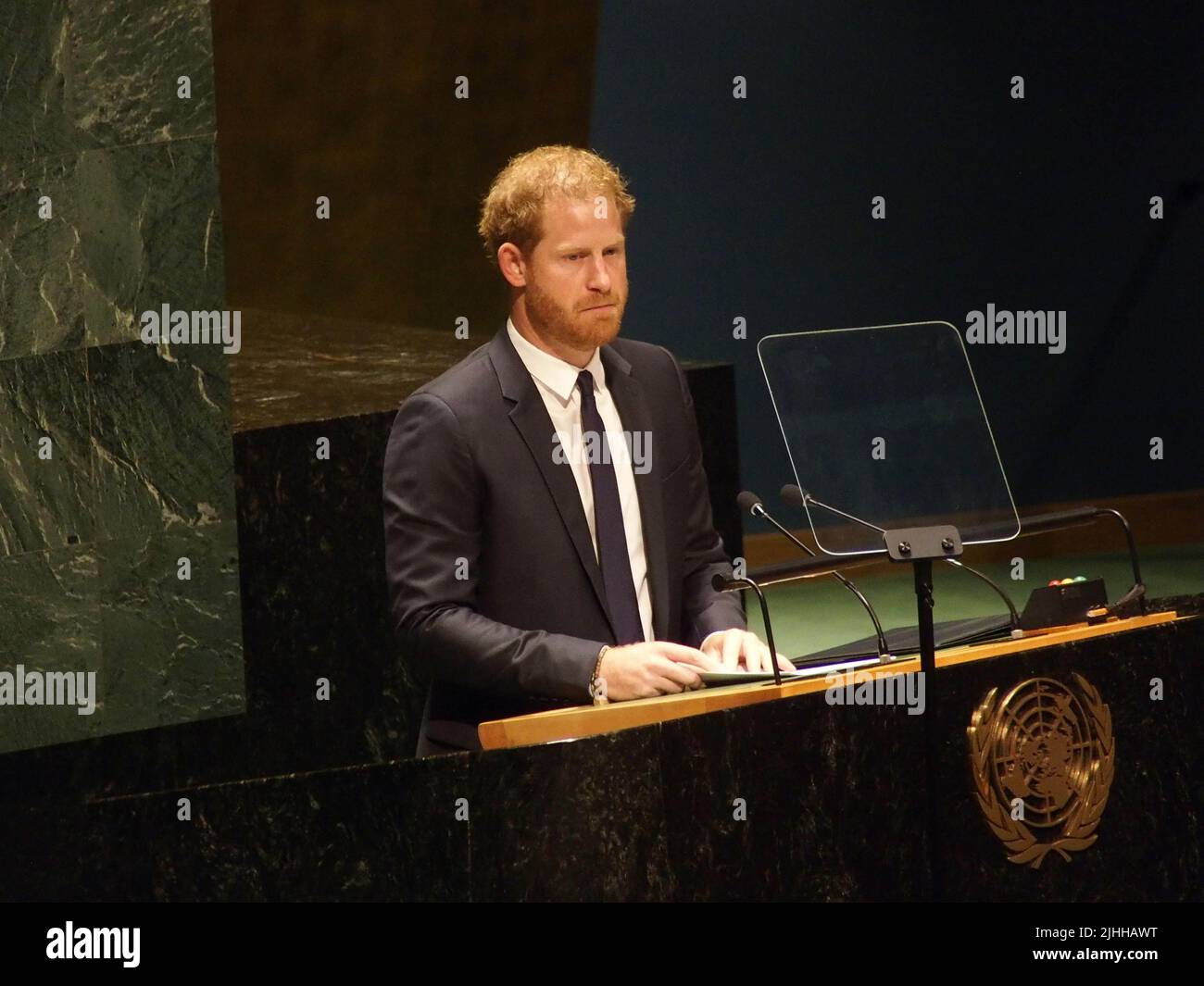 New York, New York, USA. 18.. Juli 2022. 18. Juli 2022 NEW YORK United Nations .Nelson Mandela Day. Prinz Harry, der Herzog von Sussex, hält die Keynote an die Mitglieder der Generalversammlung (Foto: © Bruce Cotler/ZUMA Press Wire) Stockfoto