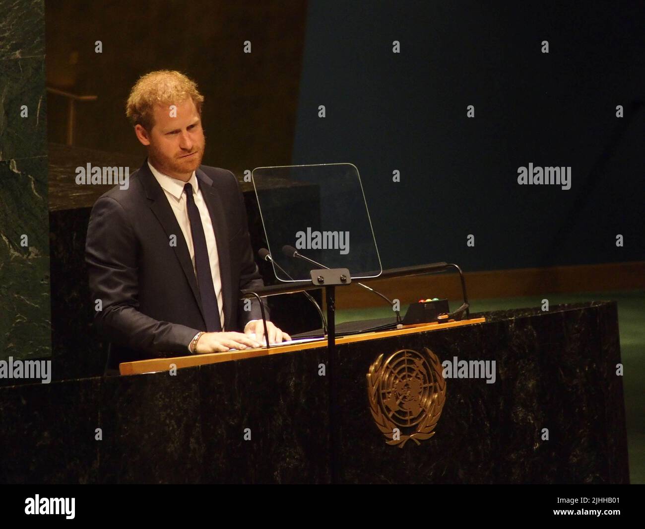 New York, New York, USA. 18.. Juli 2022. 18. Juli 2022 NEW YORK United Nations .Nelson Mandela Day. Prinz Harry, der Herzog von Sussex, hält die Keynote an die Mitglieder der Generalversammlung (Foto: © Bruce Cotler/ZUMA Press Wire) Stockfoto