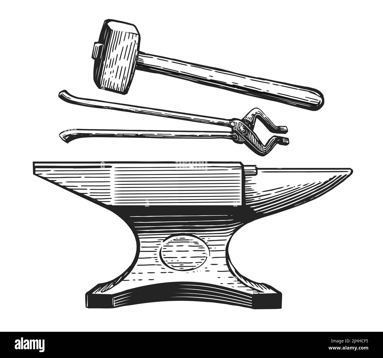 Hand Zeichenwerkzeuge Amboss Hammerzange. Skizze für Schmiede. Metallbearbeitungswerkzeuge im Vintage-Gravurstil Stock Vektor
