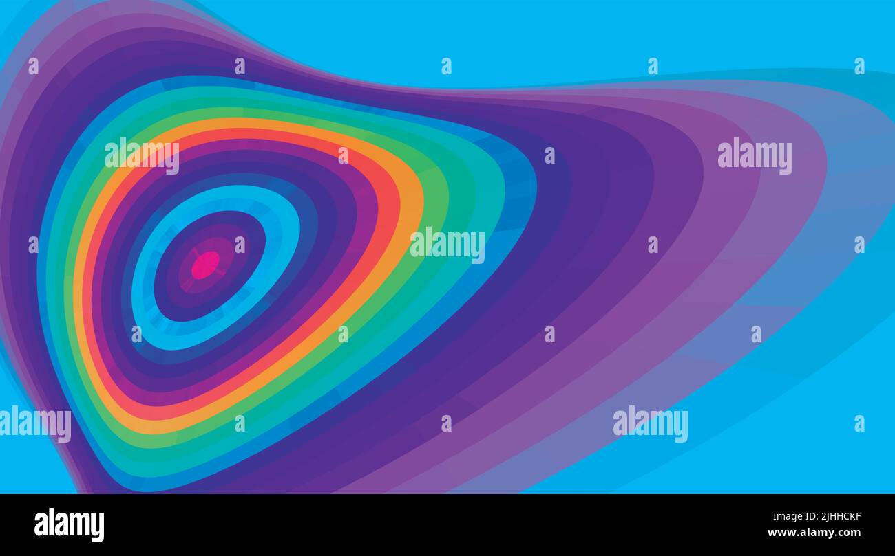 Abstrakte mehrfarbige verzerrte runde Form auf Cerulean Hintergrund. Technicolor Vektorgrafiken. CMMK-Farben Stock Vektor
