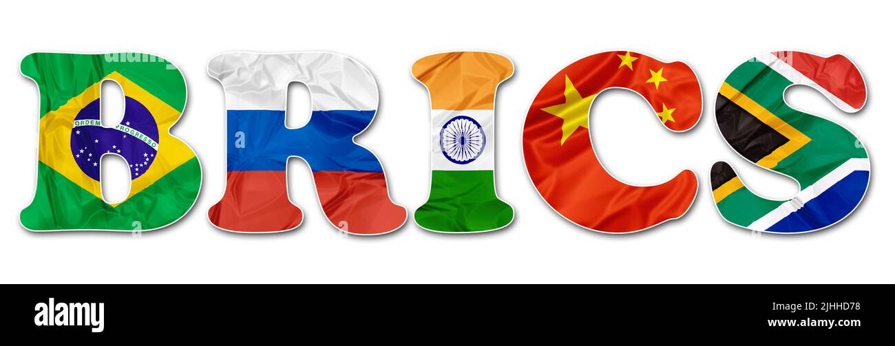 Abkürzung für BRICS Association of Brazil, Russia, India, China and South Africa. Markierungen auf weißem Hintergrund isoliert. Wichtige Schwellenländer oder neue Märkte Stockfoto