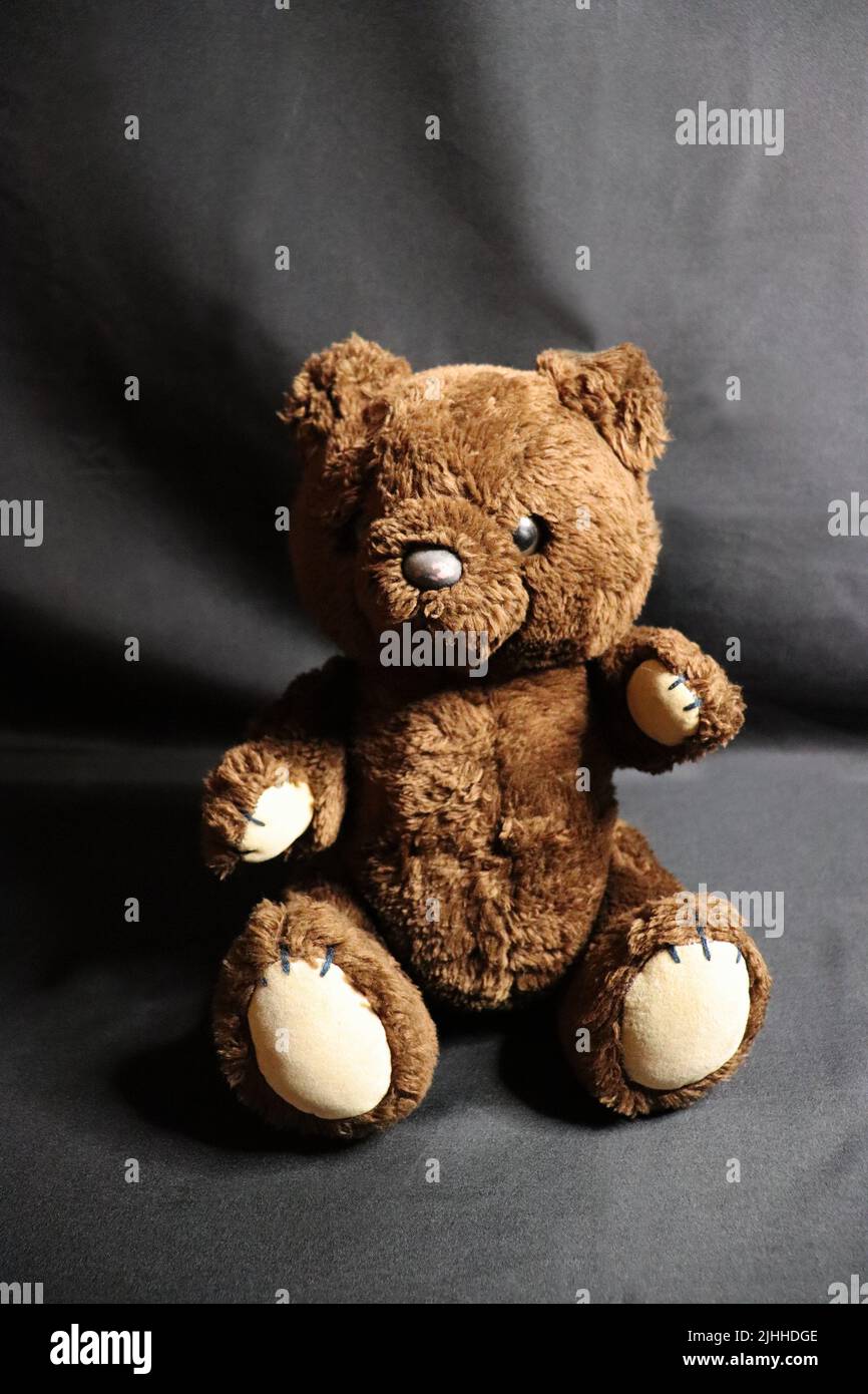 Ein sehr geliebter brauner Teddybär aus dem frühen 1980s auf schwarzem Hintergrund. Der Bär zeigt Schulter- und Hüftgelenke und dunkle Glasaugen. Stockfoto