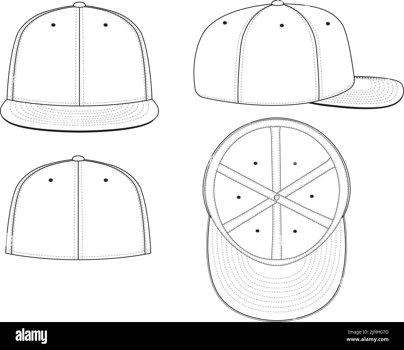 Fitted Cap hat Vektor Technische Zeichnung Illustration Blank Streetwear Mock-Up Template für Design und Tech Packs CAD Krempe Baseballmütze Stock Vektor