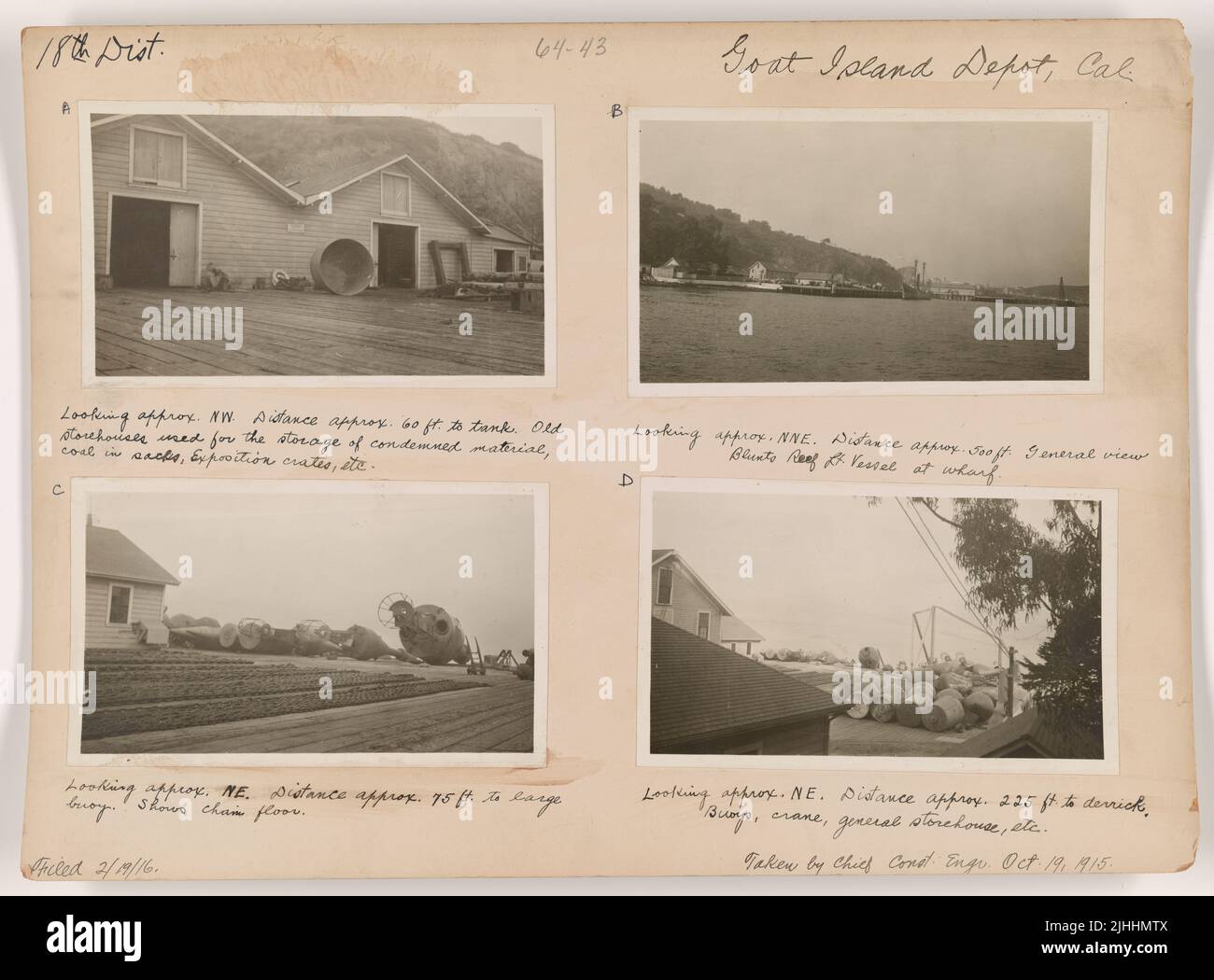 CA - Goat Island Depot. Goat Island Depot, Kalifornien. Blick ca. NW, Abstand ca. 60 ft. Zum Tank. Alte Lagerhäuser zur Lagerung von verurteilten Materialien, Kohle in Säcken, Ausstellungskisten usw. Stockfoto