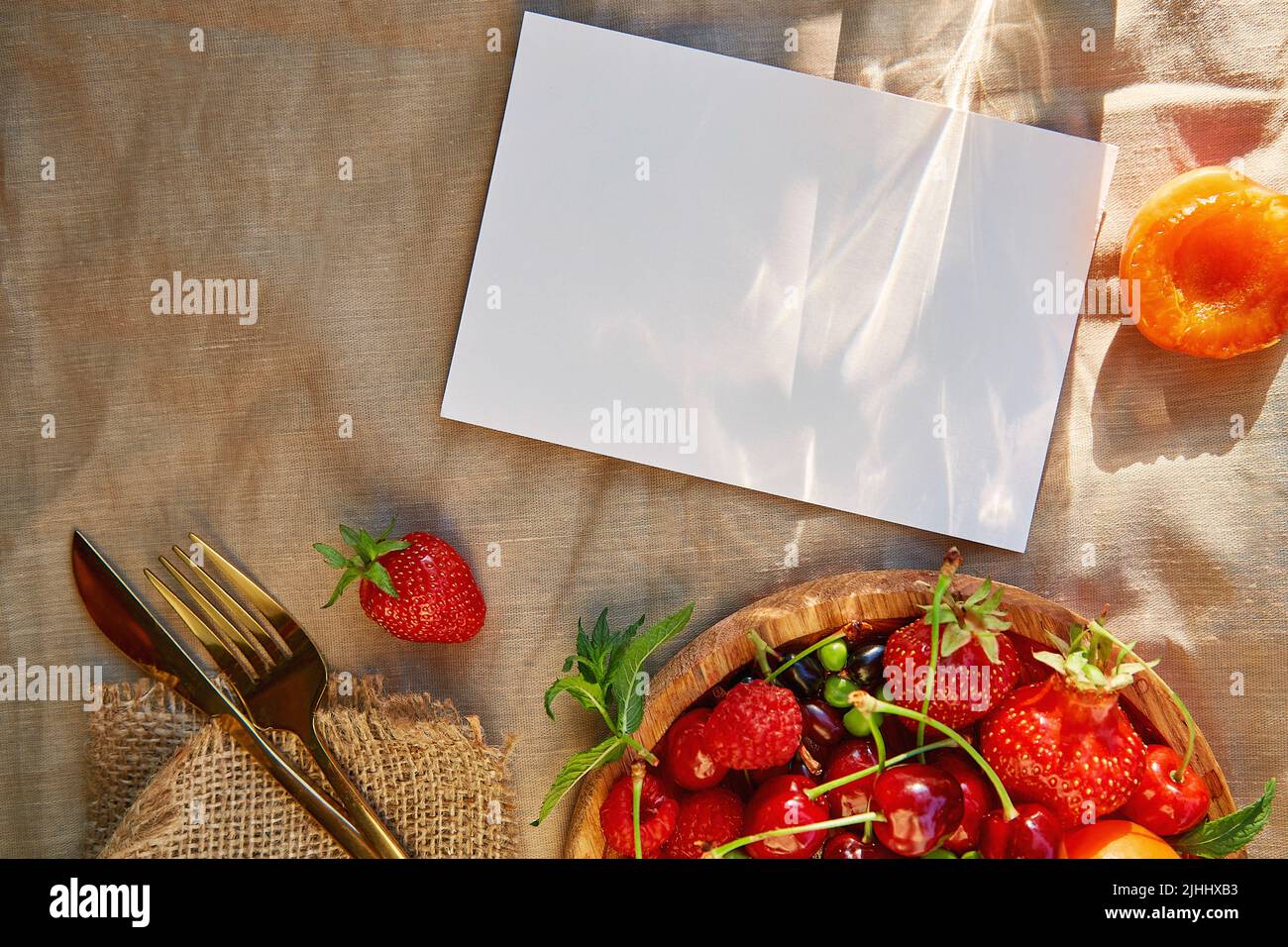 Sommer helle saisonale Schreibwaren Karte mit Schatten, Sonnenlicht, hellen frischen Früchten und Beeren nachbilden. Draufsicht, Kopierbereich. Stockfoto