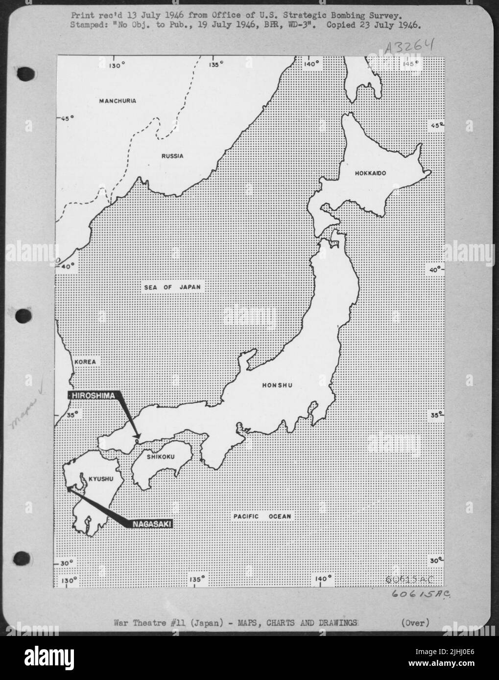 Karte Von Japan, Zeigt Die Lage Von Nagasaki Und Hiroshima - Die Zwei Atombombenstädte. Stockfoto