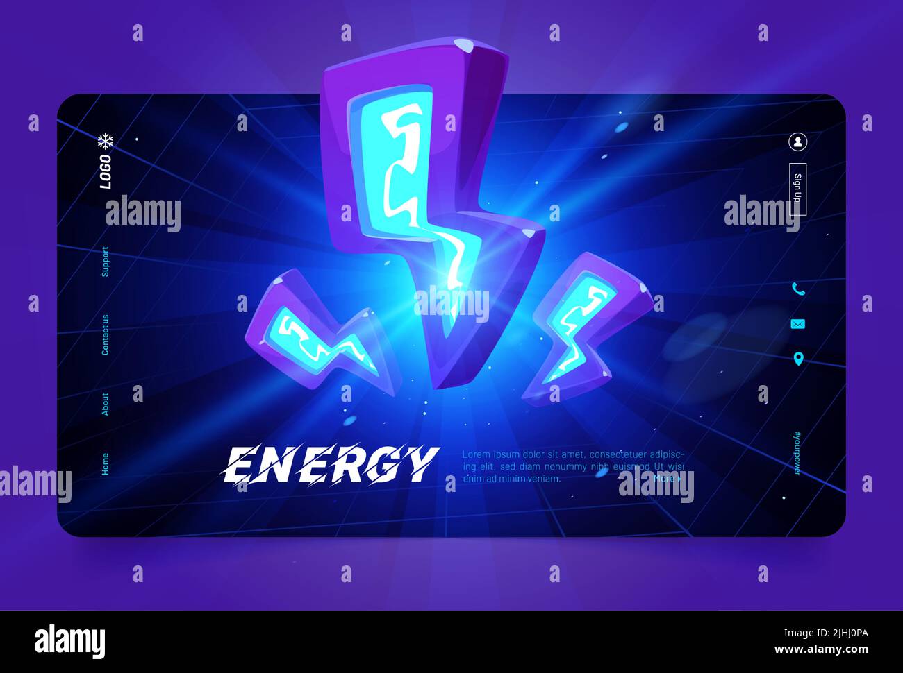 Energie-Banner mit blauen Neon-Blitzen, Donner Bolts Symbole. Vektor-Landing-Page der elektrischen Energie mit Cartoon abstrakte Illustration mit Blitz und Symbole der Elektrizität Stock Vektor