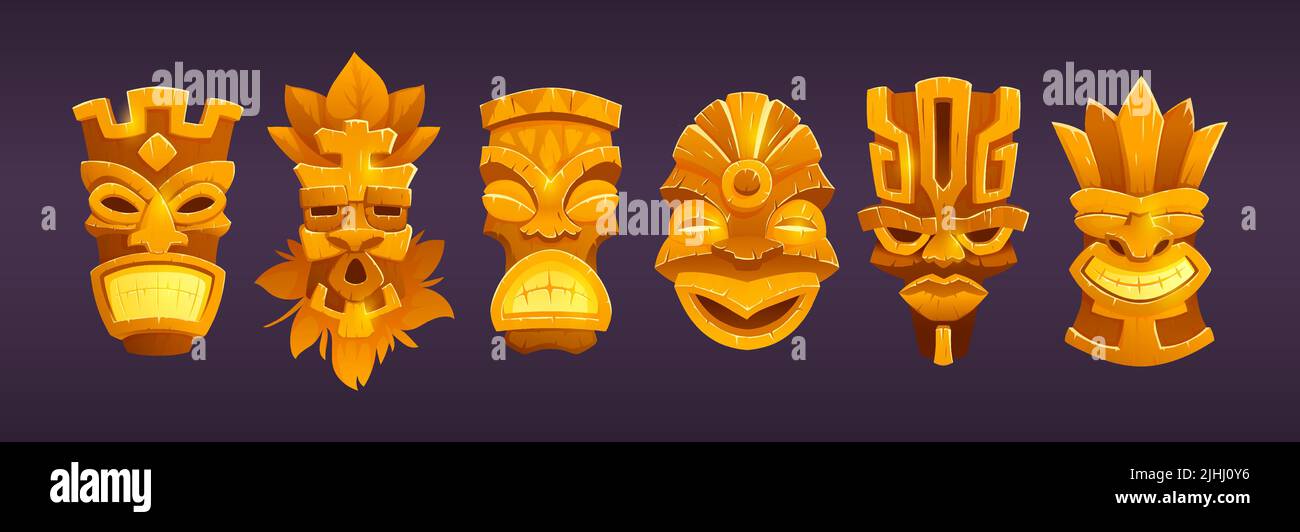 Goldene Tiki-Masken, hawaiianisches Stammestotem mit gottesgesichtern. Vektor-Cartoon-Set von alten polynesischen Statuen, goldene traditionelle Tikki-Masken auf dem Hintergrund isoliert Stock Vektor