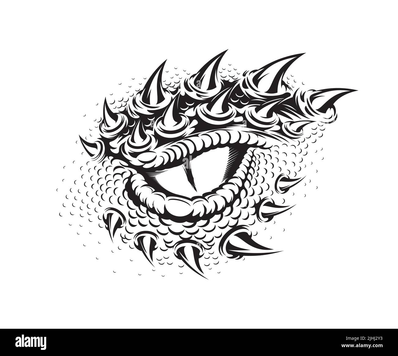 Drachenauge-Tattoo, Dinosaurier, Schlange oder Krokodil Tierkopf, isolierter Vektor. Drachenreptil oder Echsenmonster und Alligatorauge mit Krallen und Schuppen am Kopf, schwarz-weiße Tribal-Kunst für Tattoo-Design Stock Vektor