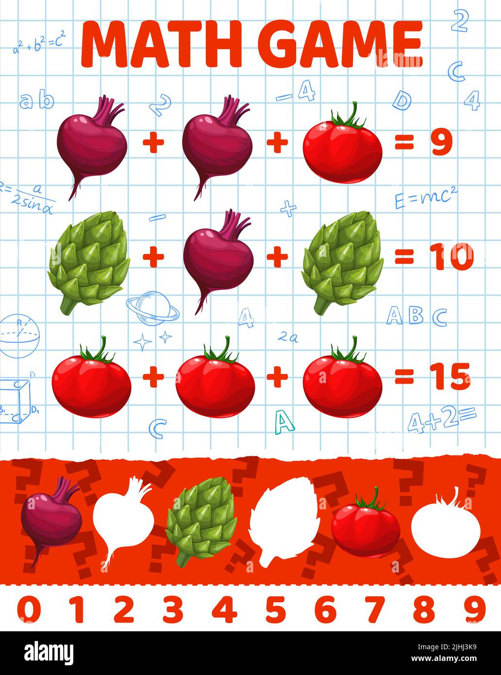 Mathe-Spiel Arbeitsblatt mit reifen Rüben, Tomaten und Artischocke, Vektor-Bildung Rätsel. Kinder Mathematik Puzzle mit Gemüse für Mathematik Addition und Subtraktion Rätsel für Zählung und Berechnung Fähigkeiten Stock Vektor