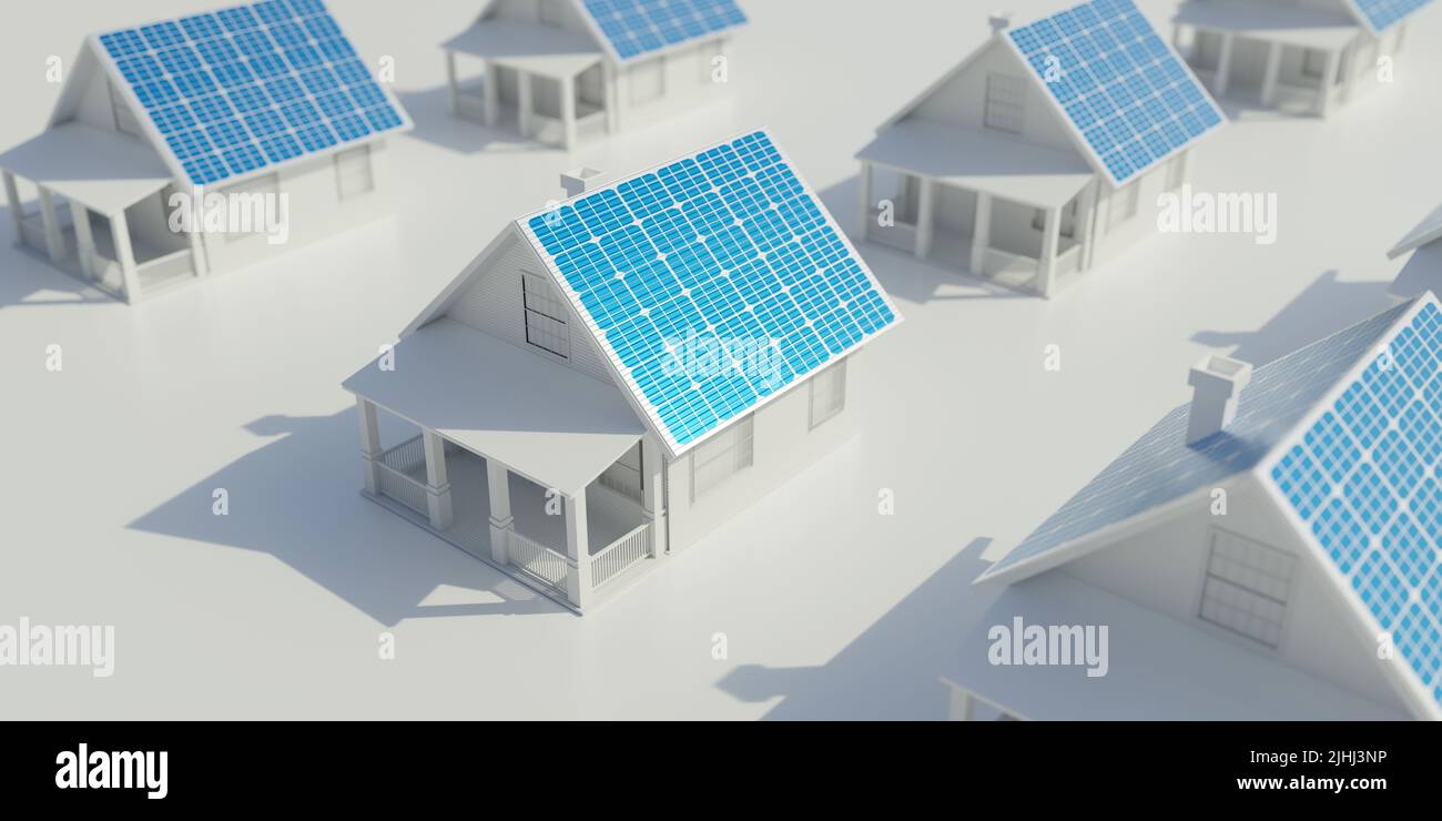 Öko Häuser mit Solarpanel auf Dächern auf weißem Hintergrund. Sonne die saubere, grüne, nachhaltige, erneuerbare Energie. Ansicht von oben. 3D Rendern Stockfoto