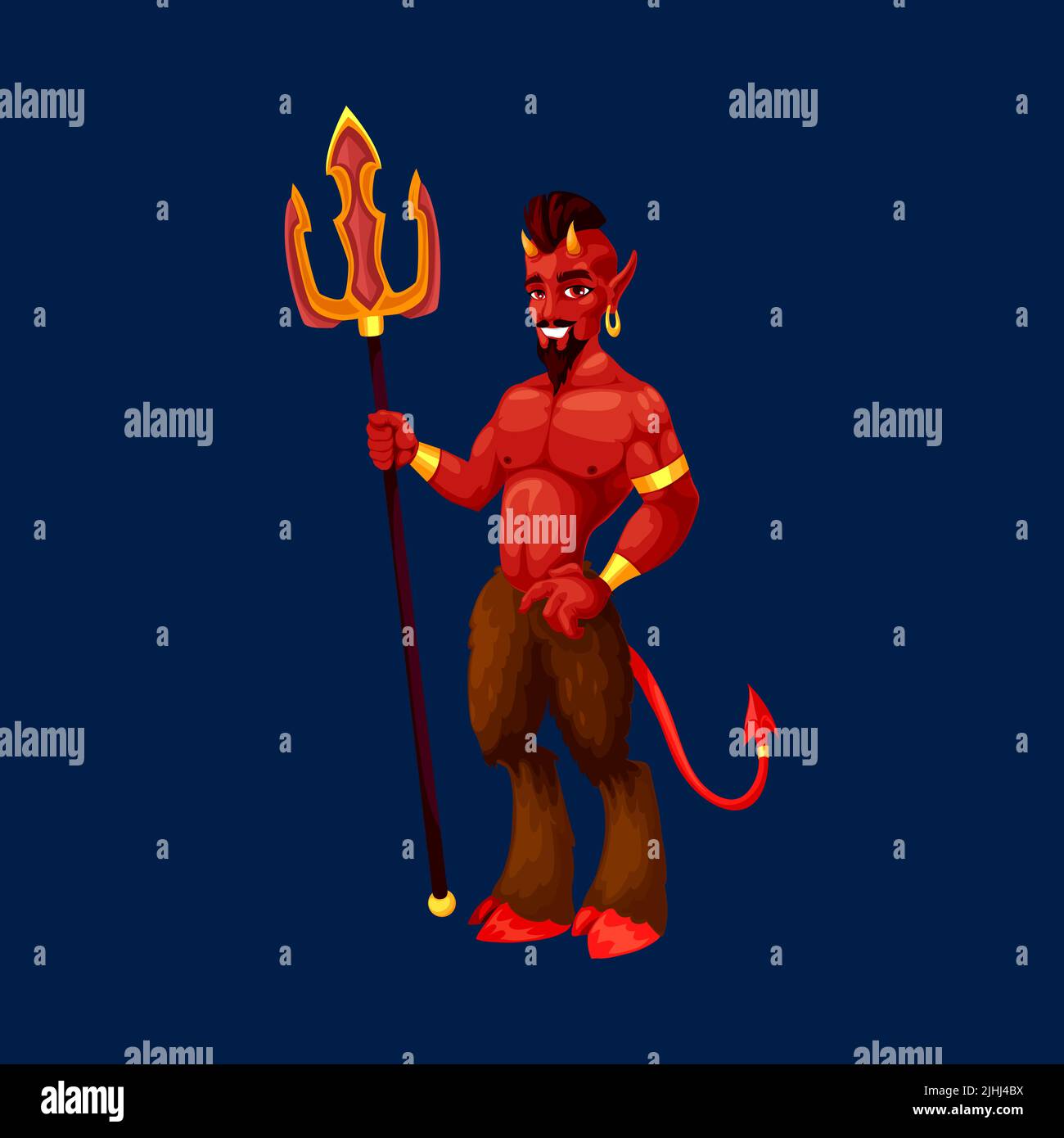 Cartoon Teufel gruselige Halloween-Figur, gruselige Imp Persönlichkeit. Vector satan, Unhold hält Dreizack, Hölle Kreatur mit roter Haut, Hörner, peaky Schwanz und Ziege gehuftet haarige Beine. Herbsturlaub Kreatur Stock Vektor