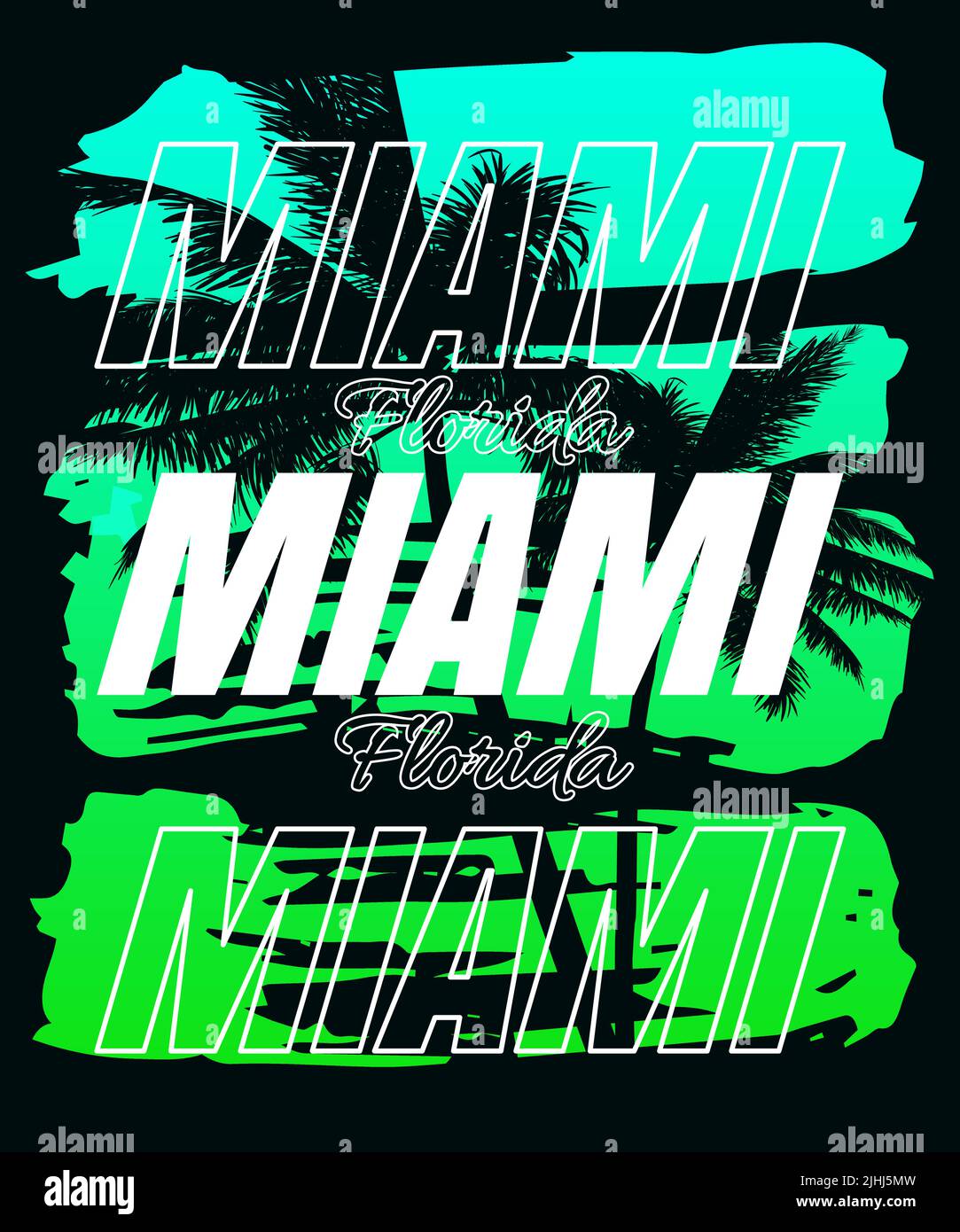 Miami Sunset Print. Poster retro Palmen Silhouetten Stock Vektor