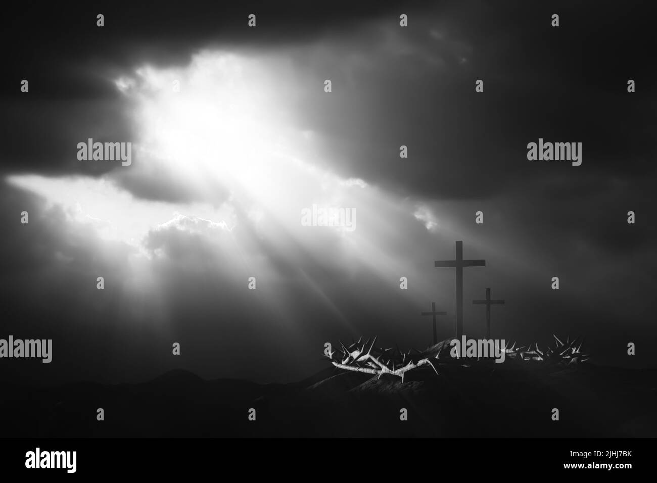Das Licht und die Wolken von Golgatha, die Dornenkrone und das Kreuz des Leidens Jesu Christi Stockfoto