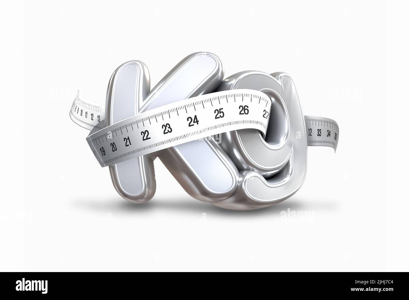 Gesundes und schlankes Gewichtsmanagement. 3D Abbildung des KG-Symbols und der Skala, die Fettgewicht und Fettleibigkeit und Ernährung symbolisieren. Stockfoto