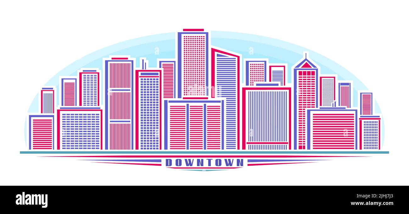 Vektor-Illustration der Downtown Skyline, horizontales dekoratives Banner mit einfachem linearen Design Skyline Stadtbild, Urban Line Kunstkonzept auf Himmel Hintergrund Stock Vektor