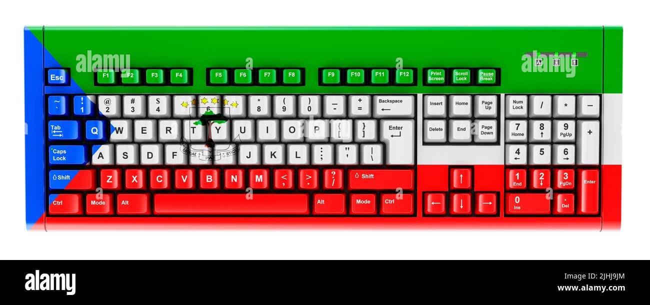 Äquatoguineanische Guinea-Flagge auf Computertastatur gemalt. 3D Darstellung isoliert auf weißem Hintergrund Stockfoto