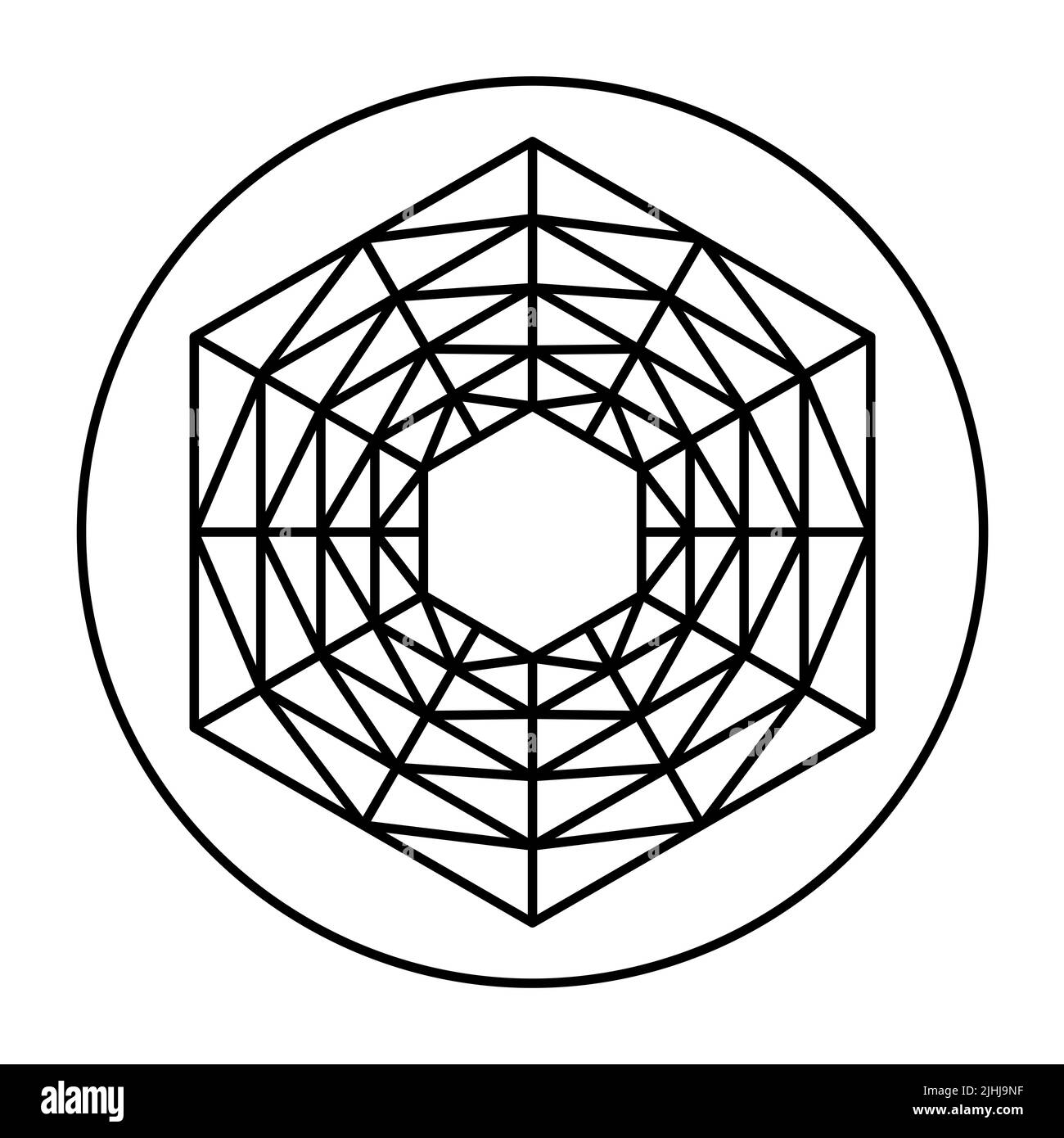 Gittermuster mit symmetrischer sechseckiger Form, in einem Kreis. Fünf Sechsecke, ineinander platziert, verbunden mit Gitternetzlinien. Stockfoto