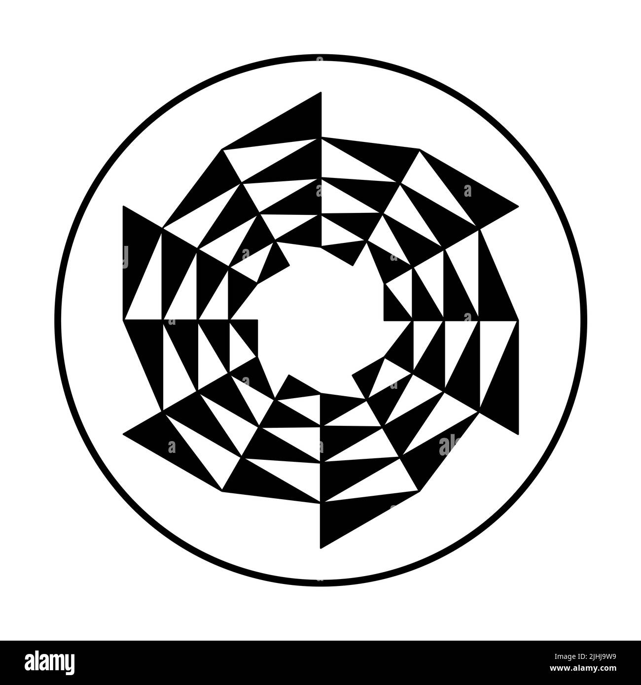 Kreisförmiges Sägeblatt, dreieckiges Muster in einem Kreis. Schwarze Dreiecke bilden ein kreisförmiges Sägeblatt, das sich im Uhrzeigersinn bewegt, als Symbol für den Wechsel. Stockfoto
