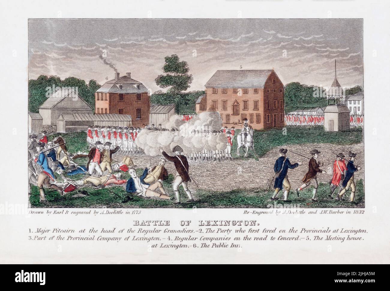 Die Schlacht von Lexington, 19. April 1775. Eine Schlacht bei Lexington und später am selben Tag in Concord, Massachusetts, löste den Beginn des amerikanischen Revolutionskrieges aus. Nach einem Werk von Earl, das 1775 von A. Doolittle gezeichnet und dann von A. Doolittle und J.W. neu gestochen wurde Friseur im Jahr 1832. Stockfoto