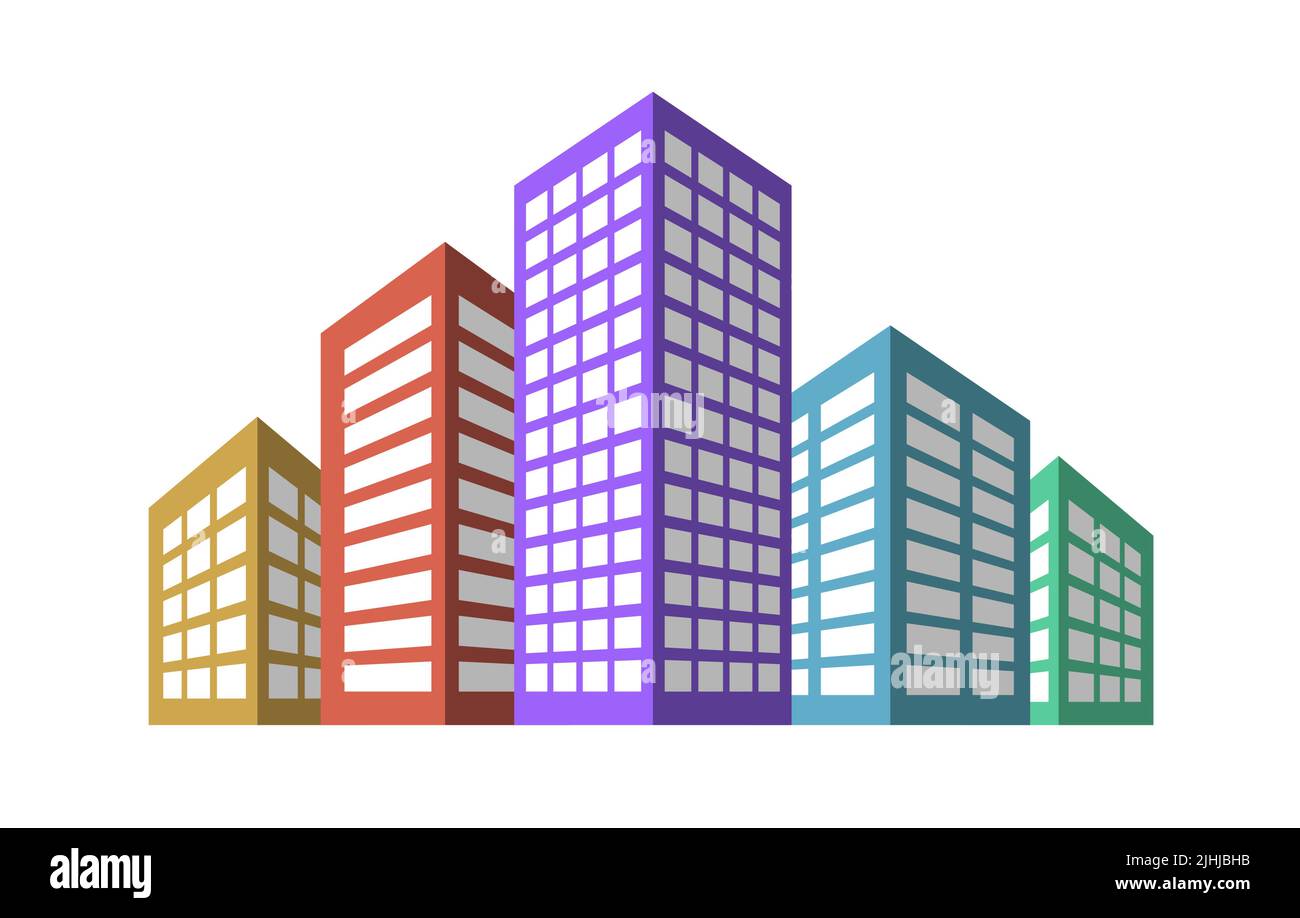 5 Wohngebäude, mehrfarbige Wohnhäuser mit Schatten und Perspektive, Stadtarchitektur. Einfaches Vektorsymbol. Stock Vektor
